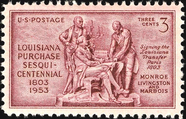 Vente de la Louisiane aux États-Unis - Timbre américain (vers 1953) - François Barbé-Marbois est aux côtés de James Monroe et de Robert Livingston